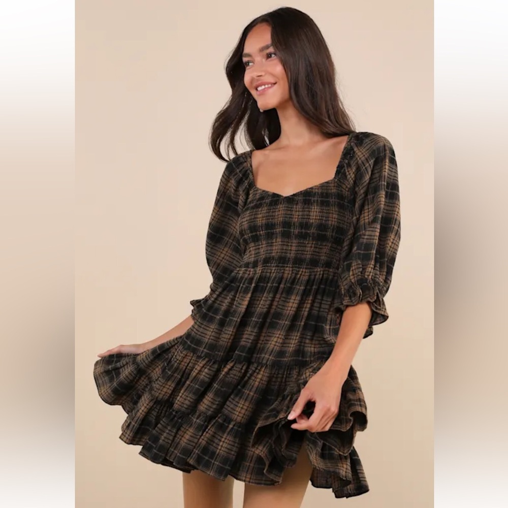 No One Cuter Black and Tan Plaid Puff Sleeve Tiered Mini Dress